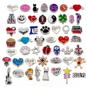 RUBYCA Floating Charms Collection fit Living Memory Lockets, Silver Gold Charms fot Locket, Surtido De Lotes 50 Diseños como se muestra en la imagen