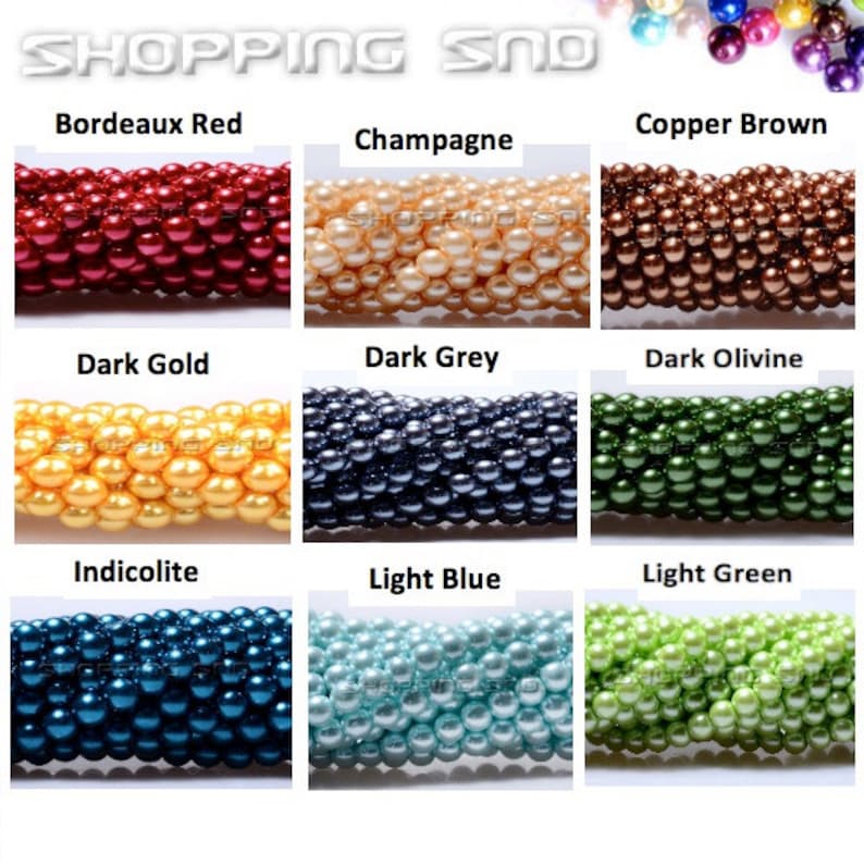 May include: A selection of 12 different colors of round pearl beads. The colors are Bordeaux Red, Champagne, Copper Brown, Dark Gold, Dark Grey, Dark Olivine, Indicolite, Light Blue, Light Green.