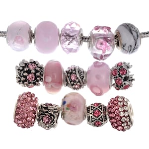 May include: A pink and silver charm bracelet with a variety of beads, including floral, crystal, and rhinestone designs.