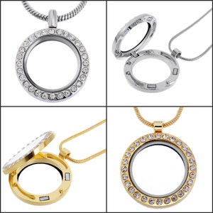 Crystal Pave Round Glass Locket Necklace 20&quot; 50cm for Living Memory Floating Charms, Silver Gold Floating Charm Locket, Snake Chain Necklace