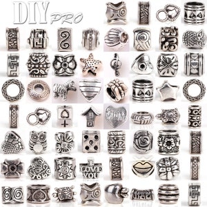 Mixed Lots Bulk Charm Beads for Jewelry Making, Silver Tibetan Spacer Charm Beads for Bracelets, 54 Different Designs Just Like The Picture