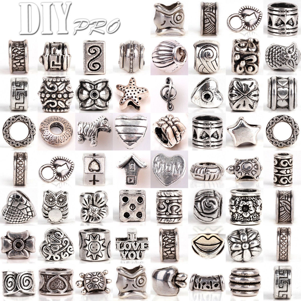 RUBYCA 50Pcs Tibetan Silver Color Metal Charm Beads Assortment Mix Designs for Jewelry Making