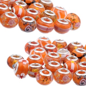 RUBYCA Mix Orange Murano Glass European Charm Beads, Big Hole Beads, Large Hole Charms, Silver Eyelet, DIY Jewelry Making fit Charm Bracelet