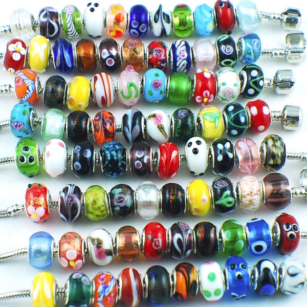 RUBYCA Perles en verre de Murano argentées pour bracelet à breloques européen, perles à grand trou assorties faites à la main de 14 mm, assortiment de breloques en verre