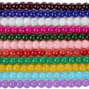 May include: A collection of round glass beads in various colors, including red, blue, green, pink, yellow, turquoise, and purple. The beads are arranged in rows, creating a colorful and visually appealing pattern.