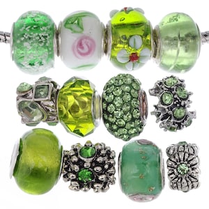 May include: A set of ten green and silver charm beads. The beads are made of glass, metal, and crystals. Some of the beads have floral designs, while others have geometric patterns.