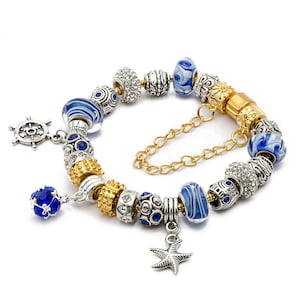 Gold Blue Ocean Charm Bracelet 20cm By eArt FREE SHIPPING Worldwide #PANBRC-03