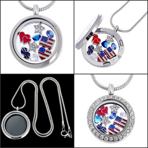 I Love USA Silver Glass Locket Pendant Necklace, July 4th, Patriotic Charms, 4th of July Jewelry, Living Memory Floating Charms, w/ Gift Box