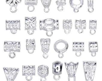 May include: A set of 20 silver-toned metal bead caps with various designs, including floral, geometric, and abstract patterns. The caps have a loop at the top for attaching to jewelry.