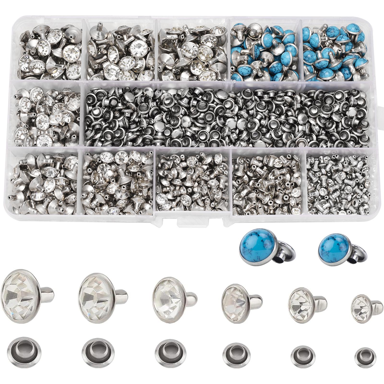 RUBYCA 700 Sets Czech White Clear and Blue Turquoise Crystal Rhinestone Rapid Rivets Silver Color Metal Studs DIY LeatherCraft Kit