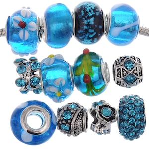 May include: Assortment of blue and silver charm beads for jewelry making. The beads feature various designs, including flowers, leaves, and geometric patterns. Some beads are adorned with sparkling rhinestones.