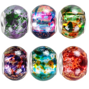 May include: Six colorful glass beads with silver accents. Each bead has a unique abstract pattern with shades of green, blue, red, purple, and orange.