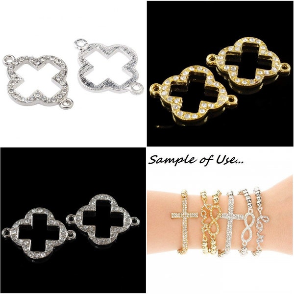 Cross abierto trébol laterales conector de cristal para la fabricación de pulseras, conector de eslabones de metal para la fabricación de joyas, oro de plata, cristal blanco claro