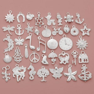 Mixed Assorted White Silver Charms and Pendants, Shiny Silver Metal Tibetan Charm Beads for Jewelry Making, 40 Designs Small Mixed Charms