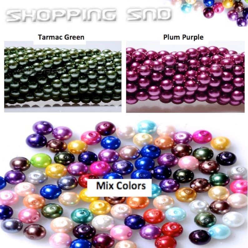 May include: Assortment of pearl beads in various colors, including tarmac green, plum purple, and a mix of colors. The beads are round and have a smooth, glossy finish.