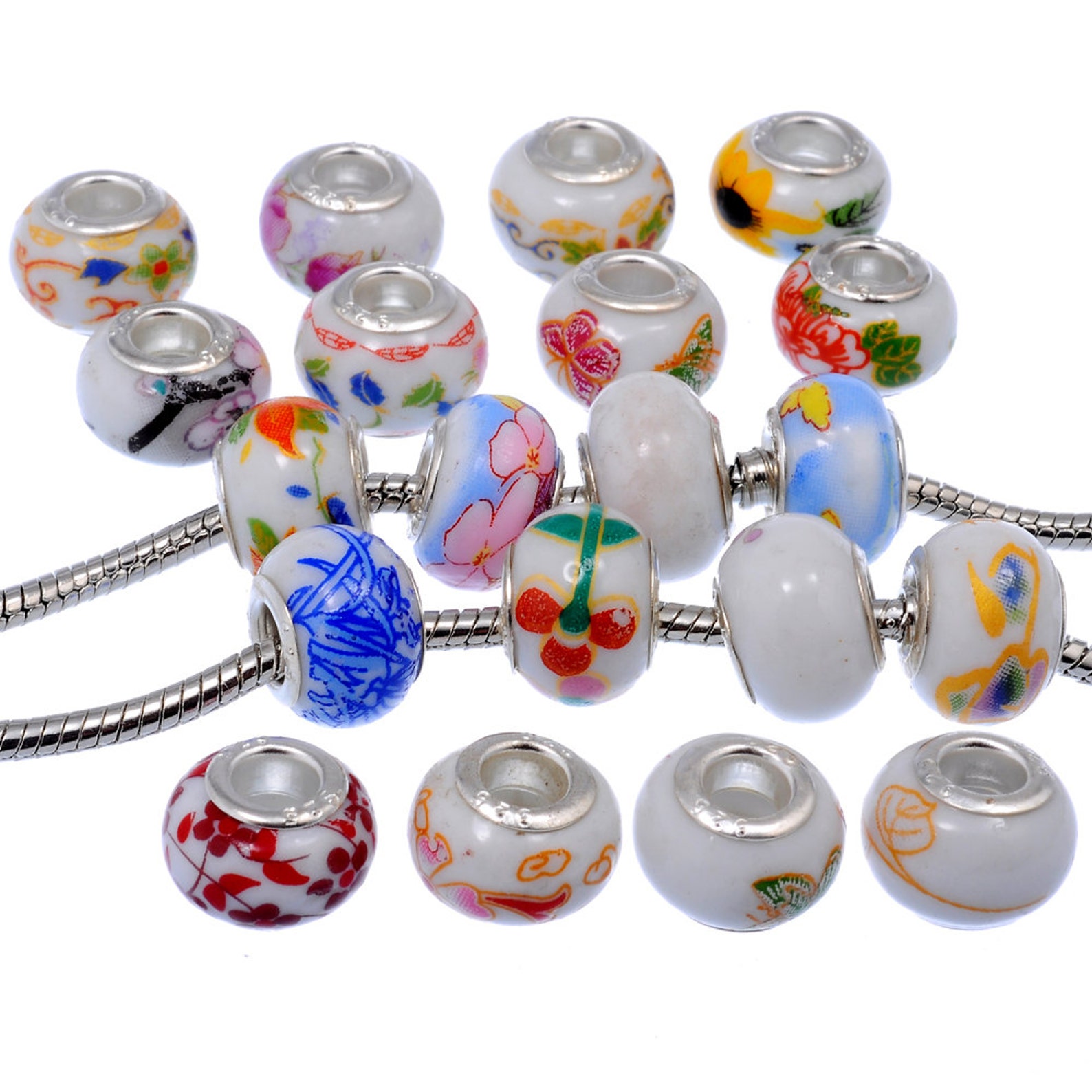 5 Charms Ciondoli A Fiore Con Cristalli Cechi – Blu Acquamarina, Per Bracciale Europeo, Argento Lucido