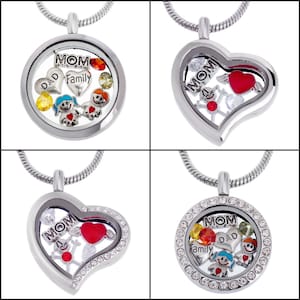 Silver Living Memory Locket Necklace 20&quot;, Family, I Love Mom, Mother, Dad Floating Charms Birthstone, Crystal Heart Glass Pendant, Gift Box