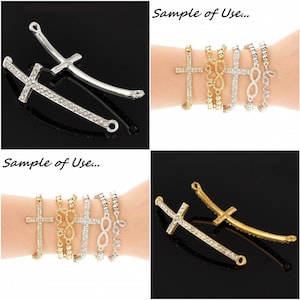 Cross Curved Sideways Connector Bracelet Gold or Silver, White Clear Crystal Metal Connector for Bracelet Making, Jewelry Making Supplies