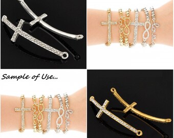 Cross Curved Sideways Connector Bracelet Gold or Silver, White Clear Crystal Metal Connector for Bracelet Making, Jewelry Making Supplies