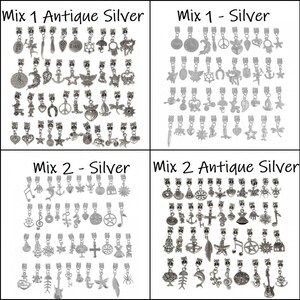 May include: Assortment of silver and antique silver charm beads with various designs, including hearts, stars, anchors, musical notes, and more.  Mix 1 Antique Silver, Mix 1 - Silver, Mix 2 - Silver, Mix 2 Antique Silver.