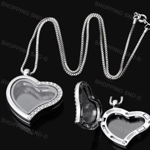 RUBYCA Heart Locket Necklace Living Memory Floating Charm // Crystal Pave Silver Glass Locket Pendant for Charms //  Necklace Size 50cm 20&quot;