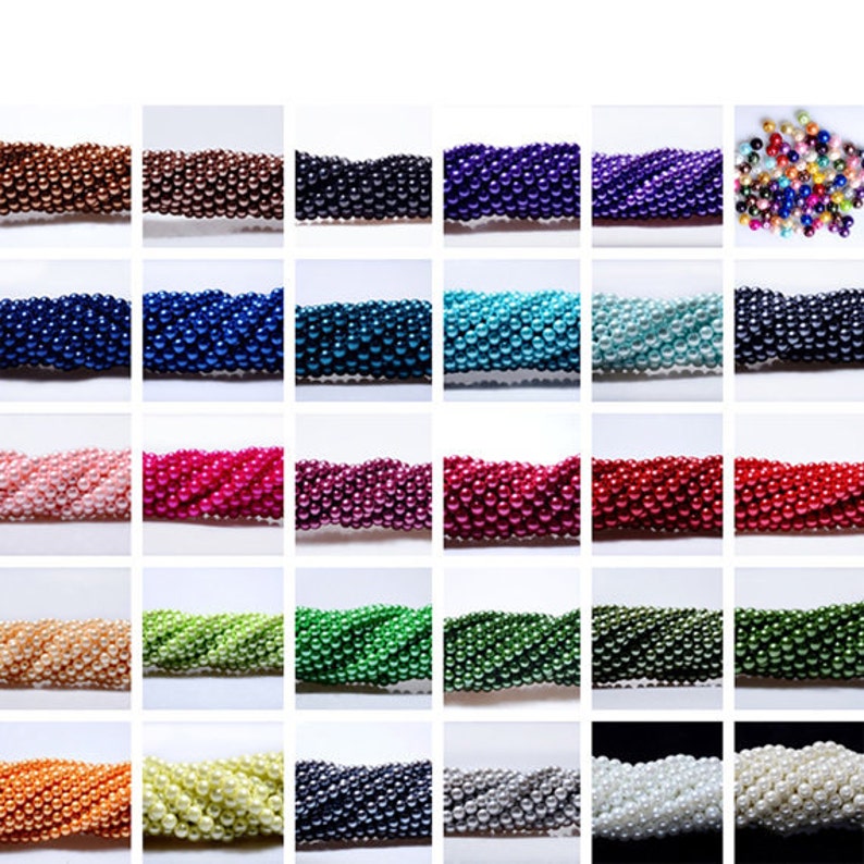 May include: Assortment of 24 strands of pearl beads in various colors, including white, black, green, blue, pink, and orange. Each strand is approximately 6mm in diameter.