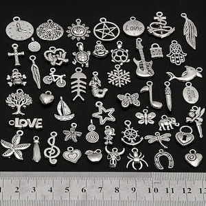 May include: A collection of 40 silver-toned metal charms with various designs, including animals, symbols, and words. The charms are arranged on a black background and a ruler is visible at the bottom of the image.