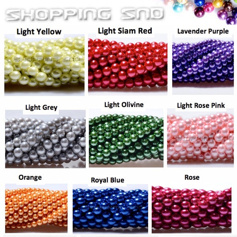 May include: Assortment of pearl beads in various colors, including light yellow, light Siam red, lavender purple, light grey, light olivine, light rose pink, orange, royal blue, and rose.