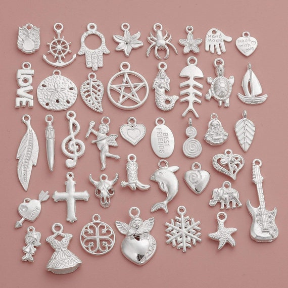 Mixed Assorted White Silver Small Charms and Pendants, Shiny Silver Finish, Metal Charm Beads for Jewelry Making, 40 Designs As The Picture