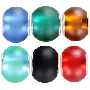 May include: Six round glass beads with a frosted finish in various colors: blue, green, brown, teal, black, and red. The beads have a silver metal accent on each side.