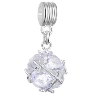 May include: A silver charm featuring a clear crystal ball encased in silver branches. The charm has a silver loop for attaching to a bracelet or necklace.