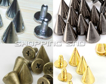 Gros 500pcs 10mm pointes cône, cône en métal fond à écrous goujons avec vis pour maroquinerie, 3/8" noir argent or Bronze, cuir résultats
