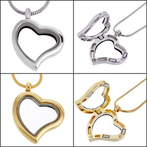 Heart Locket Necklace 20 Inches for Living Memory Floating Charms , Silver Gold Locket Pendant, Heart Glass Locket, Floating Charm Locket