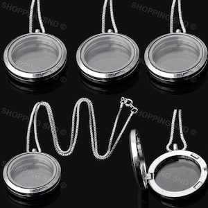 RUBYCA Silver Memory Locket Necklace, Living Memory Floating Charm Locket, Silver Glass Locket Pendant for Charms, 20" 50cm Necklace Length