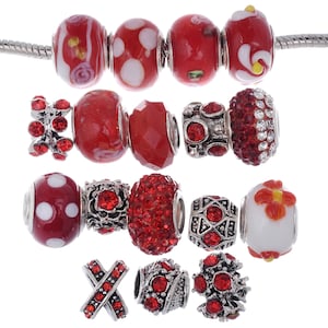 RUBYCA 15pcs Red Mixed Lot Murano Glass Beads and Crystal Pave Silver Tibetan Charms // 14mm Big Hole Beads fit European Charm Bracelet