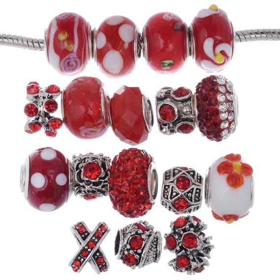 RUBYCA 15pcs Red Mixed Lot Murano Glass Beads and Crystal Pave