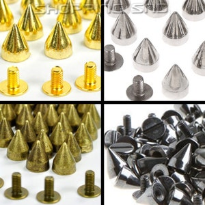 RUBYCA 9mm Cone Metal Spikes and Studs, Gold Silver Bronze Black, Screwback Studs and Spikes for Leathercraft - 1/10/30/50/100/500/1000pcs