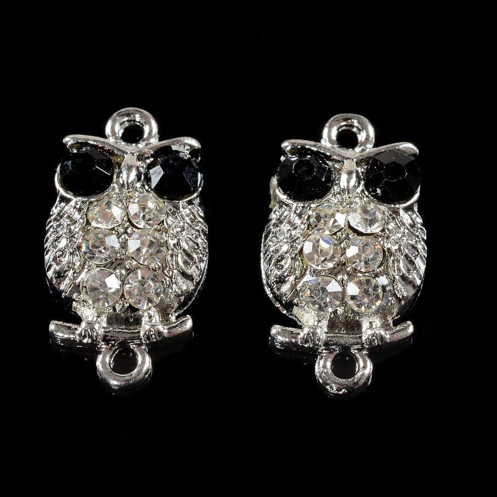 Silver Owl Sideways Crystal Connector, Black Crystal Pave Alloy Metal Connector for Bracelet, Wrist 