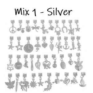 Op de afbeelding: Mix 1 - Zilveren bedels voor het maken van sieraden. De bedels zijn zilverkleurig en hebben verschillende ontwerpen, waaronder harten, sterren, dieren en meer.