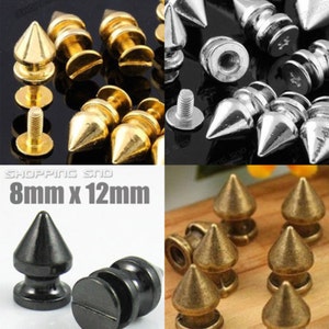 May include: Assortment of metal pyramid studs in various finishes, including silver, gold, and black. The studs are 8mm x 12mm in size and have a pointed tip.  The studs are ideal for adding a punk rock or gothic aesthetic to clothing, bags, shoes, and other accessories.
