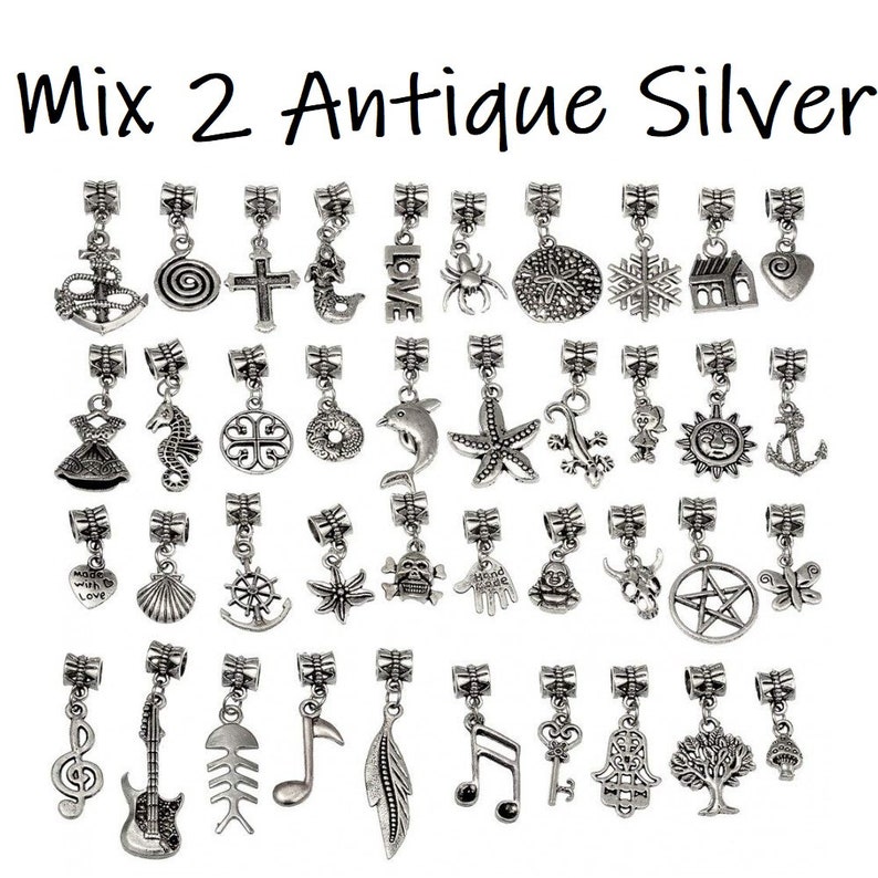 RUBYCA 50 Piece Mixed Silver Charms Set - Antiqued Finish For Jewelry Making