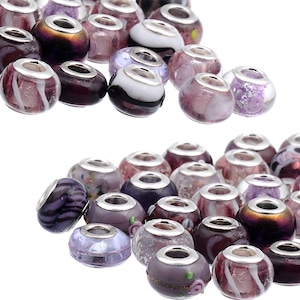 May include: A collection of glass beads in various shades of purple, burgundy, and white. Each bead has a silver-colored metal core. Some beads have decorative patterns and swirls.