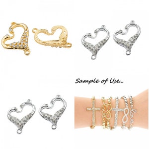 RUBYCA Heart Love Sideways Crystal Pave Bracelet Connector, Silver Gold Metal Curved Connector Beads for Leather Bracelet Making, Shmaballa