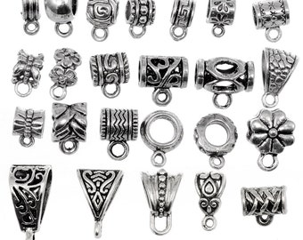 Bails Connectors for Charms, Bail Beads for Pendants, 24 Designs Mixed Antique Silver Tone Large Hole Bails, Tibetan Bail for Jewelry Making