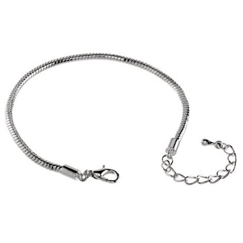 Silver Plated European Charm Bracelet Snake Chain Lobster Claw Clasp and Security Chain fit DIY Large Hole European Charm Beads BRC-SNKCH11 image 2