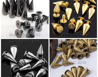 13mm Cone Spike Studs for Clothing, Metal Spikes and Studs, Cone Spikes Screwback Studs, Screw Studs for Leather - Silver/Gold/Bronze/Black
