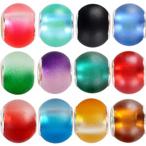 May include: Twelve round glass beads with a silver metal ring. The beads are in various colours, including red, green, blue, purple, and orange.