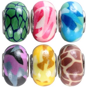 May include: Six colourful glass beads with different animal print patterns. The beads are round and have a silver metal spacer on each side. The patterns include a green turtle shell, pink zebra stripes, blue abstract, purple camouflage, yellow cheetah spots, and brown giraffe spots.