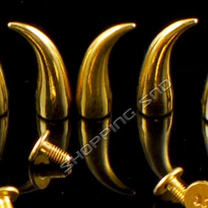 K&ouml;nnte beinhalten: Drei goldfarbene Metallverzierungen in Hornform mit Schraubr&uuml;cken. Die H&ouml;rner sind spitz und gebogen.