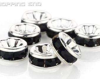 envío en todo el mundo gratis de 100 piezas Checa Jet negro cristal plateado Rondelle espaciador encanto bolas de plata 6mm / 8mm / 10mm